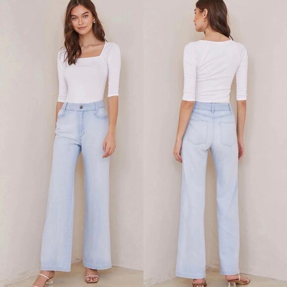 Bella Dahl Harlow 70s Chambray Flare Pants Jeans Sz 30 Boho Soft High Rise Light - Picture 1 of 9